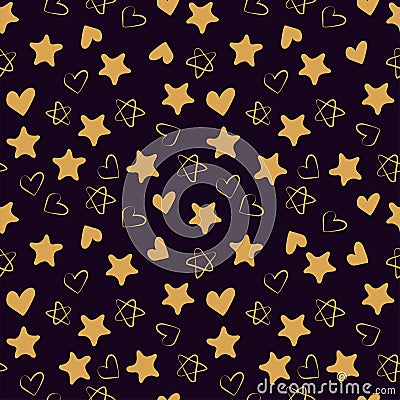 Golden hearts and stars seamless pattern. Fashion design print. Design elements for wedding, kid`s birthday or Valentine`s day. Vector Illustration