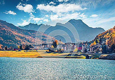 Golden hills around small alpine tovn - Silvaplana. Picturesdque morning view of Lake Champfer, Upper Engadine in the Swiss canton Stock Photo