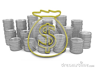 Golden hoard of money icon with coins on background Stock Photo