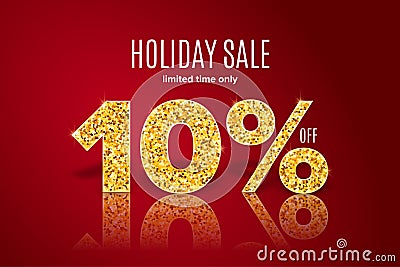 Golden holiday sale 10 percent off on red background. Limited time only Vector Illustration
