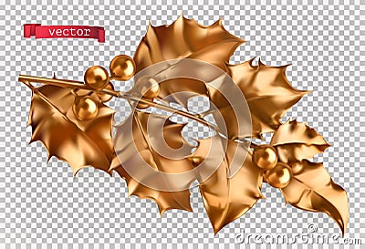 Golden holly. Christmas decoration. realistic vector icon Vector Illustration