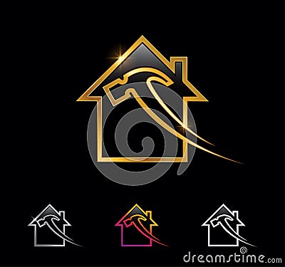 Golden Home and Hammer Outline Vector Sign Vector Illustration