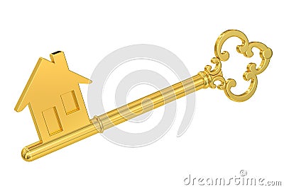 Golden home key with house silhouette, 3D rendering Stock Photo