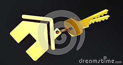 Golden home key isolated on Black background. Estate concept. Stock Photo