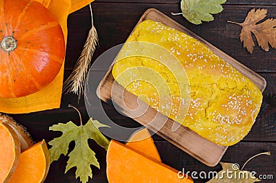 Golden homemade freshly baked pumpkin bread with sesame seeds Stock Photo