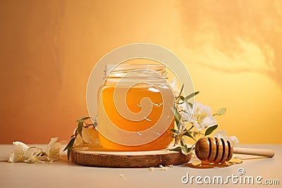 Golden honey in embossed glass jar, complemented by white blossoms, set against a warm amber Stock Photo