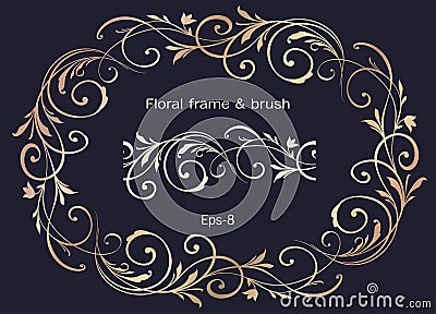 Golden Horisontal oval ornament frame with brushes element and space for text. Floral ornate Wreath and brush isolated Stock Photo