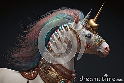 Golden-Horned Unicorn: A Whimsical Rainbow Dream in Epic Unreal Engine 5 Detail Stock Photo