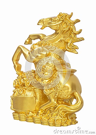 Golden Horse Statue Stepping on money Isolated Stock Photo