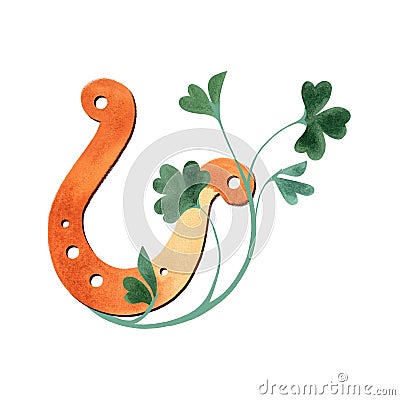 A golden horseshoe entangled with a clover-shamrock. Symbol of good luck. Isolated watercolor illustration on white Cartoon Illustration