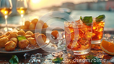 Golden Hour Aperol Spritz with Traditional Venetian Snacks Stock Photo