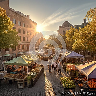 Golden Hour at Bustling Farmers Market Stock Photo