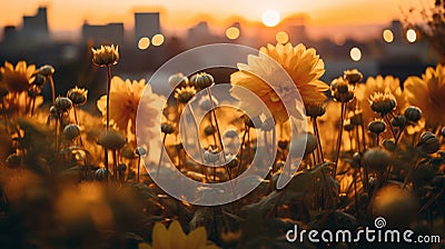 Golden Hour: Cityscape In A Meadow Of Yellow Dahlia Flowers Stock Photo