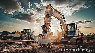 Golden Hour Construction Giants. Concept Landscape Photography, Urban Skylines, Golden Hour, Stock Photo