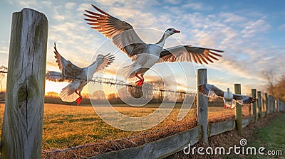 Golden Hour Geese Flight over Rustic Fence in Rural Landscape Stock Photo