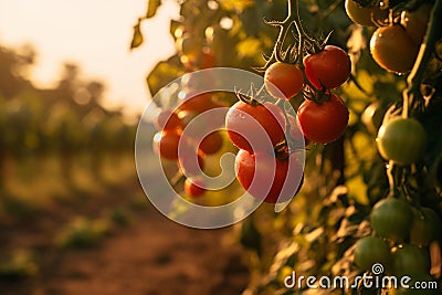 golden hour glow on ripe tomatoes, farm serenity captured, Generative AI Stock Photo