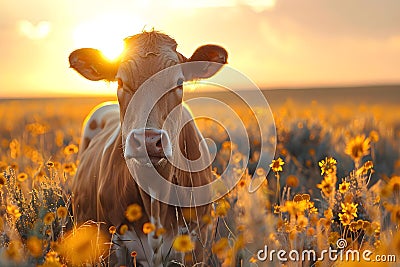 Golden Hour Grace: Serene Bovine Amidst Sunset Blooms. Concept Golden Hour, Serene Bovine, Sunset Stock Photo