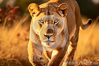 Golden Hour Hunt: Majestic Lioness Stalking Prey in African Savannah Stock Photo