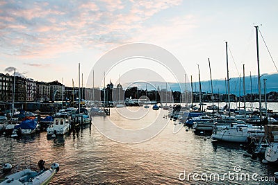 Golden Hour at Quai Gustave Ador, Geneva, Switzerland Editorial Stock Photo