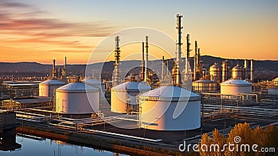 Golden Hour Refinery, Petrochemical Beauty Unveiled in Sunset Glow. Generative AI Stock Photo