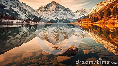 Golden Hour Reflections on Serene Alpine Lake Stock Photo