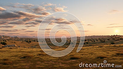 Golden Hour Serenity: Photorealistic Rendering Of A Rocky Sunset Stock Photo