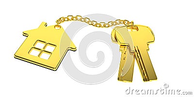 Golden house keys with golden trinket house isolated on white background. new home concept. Real estate. 3d rendering Stock Photo