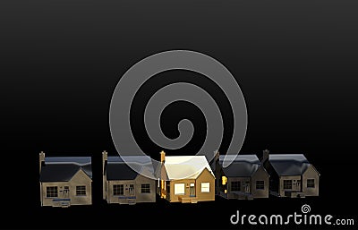 Golden house light up. Home insurance and mortgage concept, 3D render Stock Photo