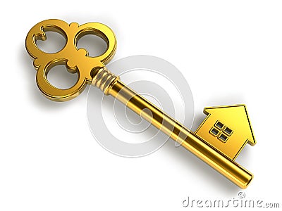 Golden house-shape key Stock Photo