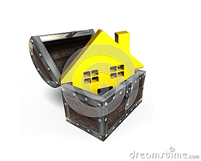 Golden house in treasure chest, 3D rendering Stock Photo