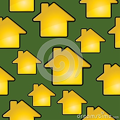 Golden houses on a green. Seamless vector pattern. Vector Illustration