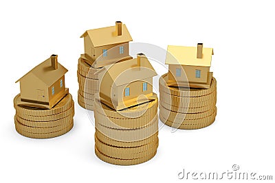 Golden houses on stacks of coins on white background 3D illustration. Cartoon Illustration