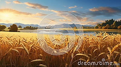 Golden Hues: A Delicately Rendered Lake In A Wheat Field Stock Photo