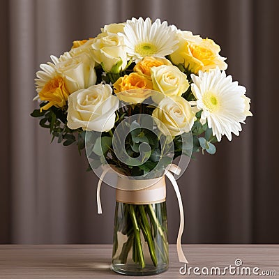 Golden Hues: Stunning Bouquet Of Yellow And White Roses In Glass Vase Stock Photo