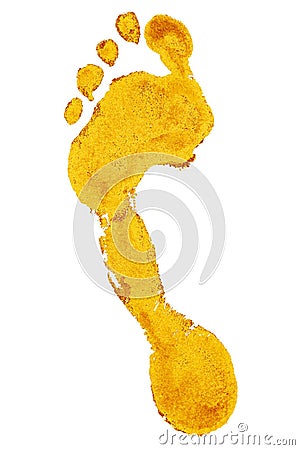 Golden human barefoot footprint on white background isolated closeup, shiny gold metal person foot print illustration, yellow foot Cartoon Illustration