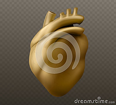 Golden human heart sculpture model. Vector Illustration