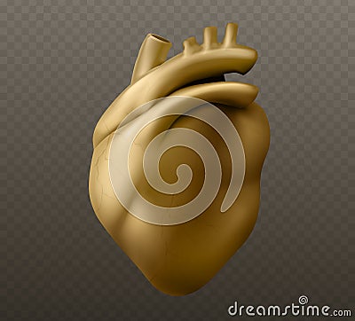 Golden human heart sculpture model. Cartoon Illustration