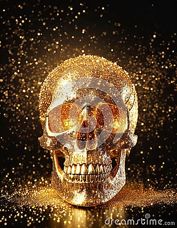 Golden human skull in and gold powder on black Stock Photo