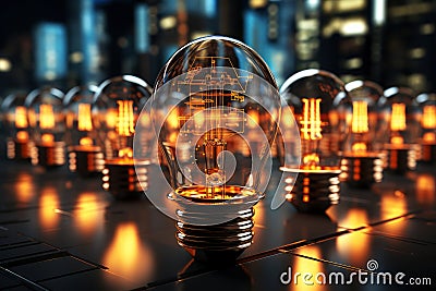 Golden incandescent lamp with diode elements against the backdrop of the night city of the future, electricity and energy Cartoon Illustration