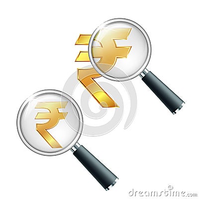 Golden Indian Rupee currency sign with magnifying glass. Vector Illustration