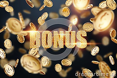Golden inscription bonus with gold coins on a dark background. Design template, modern design, magazine style, luxury. 3D Cartoon Illustration