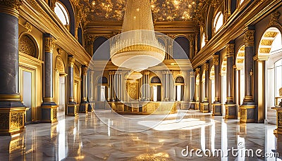 Golden interior of aristocratic rich palace, reception hall of royal palace, Cartoon Illustration