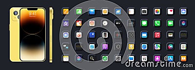 Golden Iphone 15. Apple mockup. Apple interface. Apple apps. Apple logo button. Calendar, notes, history, main menu. IOS call Vector Illustration