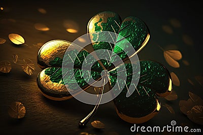 Golden Irish Shamrock Clover. St.Patrick 's Day. Photorealistic drawing generated by AI Stock Photo