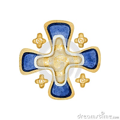 Golden Jerusalem cross or five-fold heraldic symbol watercolor illustration isolated on white. Holy city emblem Cartoon Illustration