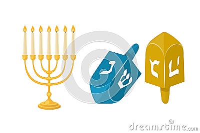 Golden menorah with candles hebrew religion tradition decoration flame and candelabrum hanukkah orthodox judaism Vector Illustration