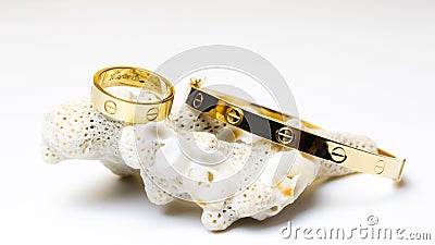 Golden jewelry with decorative seashells on white background Stock Photo