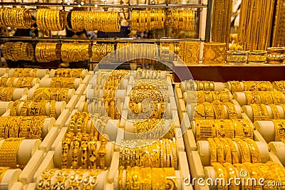 Golden jewelry at the gold street, also called Gold souk, in the city of Dubai, UAE Stock Photo