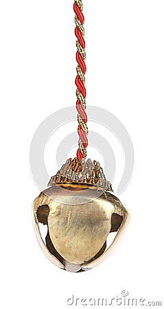 Golden jingle bell on a rope. Stock Photo