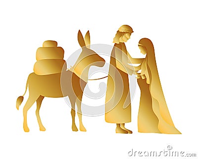 Golden joseph and mary virgin in mule manger characters Vector Illustration